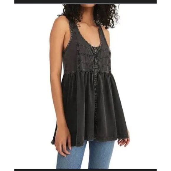 Free People Brooke Tunic Top/Dress Charcoal Wash Button Front Bohemian Sz M - Picture 1 of 7